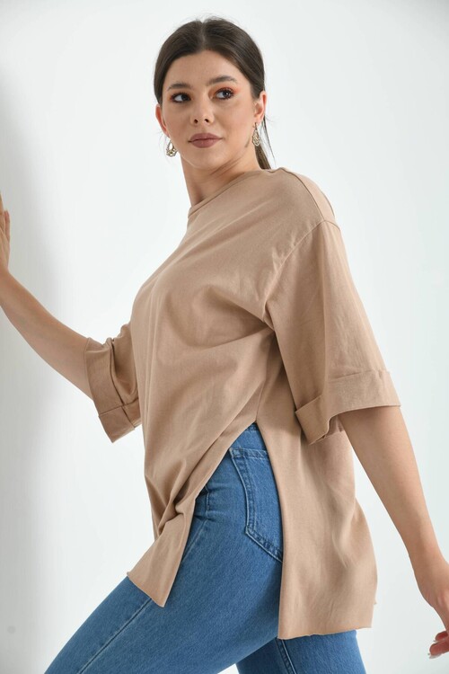 Mink Double Sleeve Wide Cut Asymmetrical Slit Knitted T-Shirt