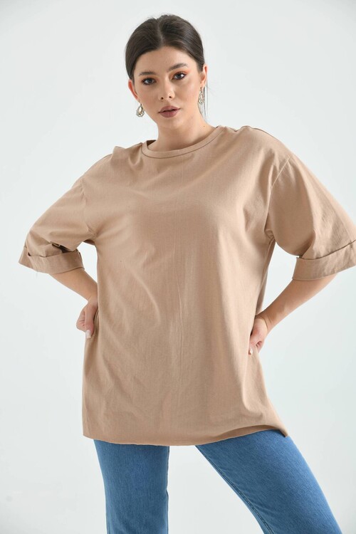 Mink Double Sleeve Wide Cut Asymmetrical Slit Knitted T-Shirt