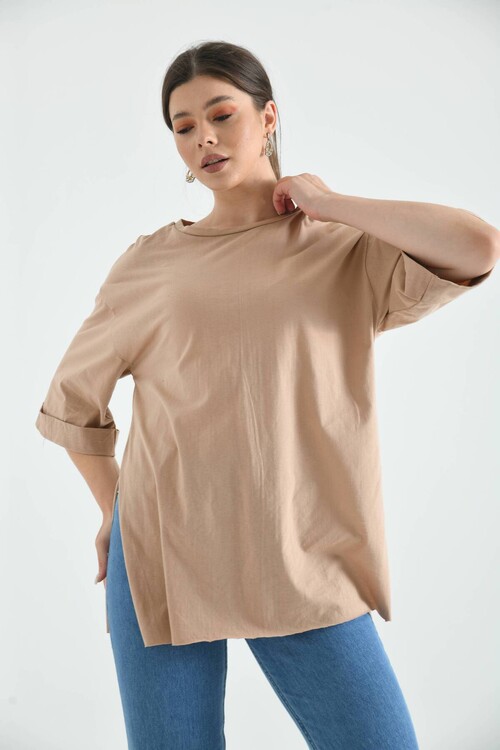 Mink Double Sleeve Wide Cut Asymmetrical Slit Knitted T-Shirt