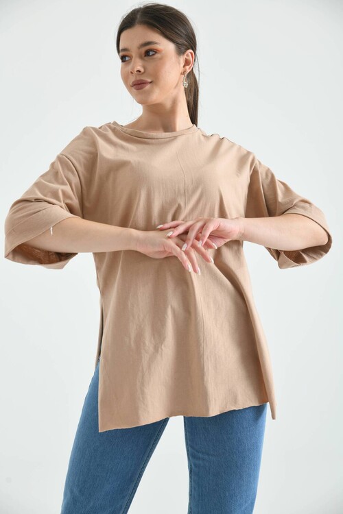 Mink Double Sleeve Wide Cut Asymmetrical Slit Knitted T-Shirt