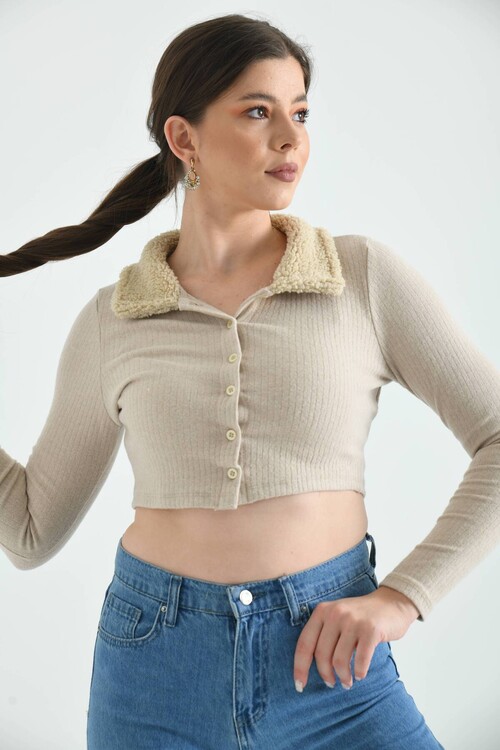 Mink Shirt Collar Fur Button Detailed Knitted Crop Blouse