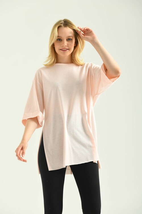 Puppy Double Sleeve Wide Cut Asymmetrical Slit Knitted T-Shirt