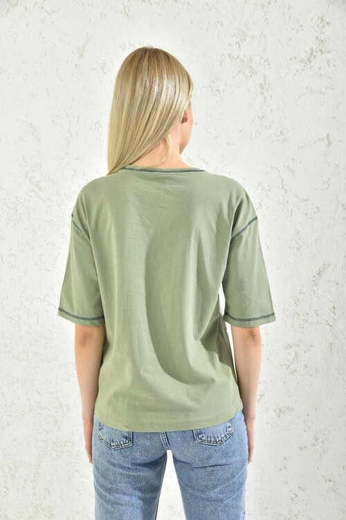 Green Printed Bedstead Stitched Knitted T-Shirt