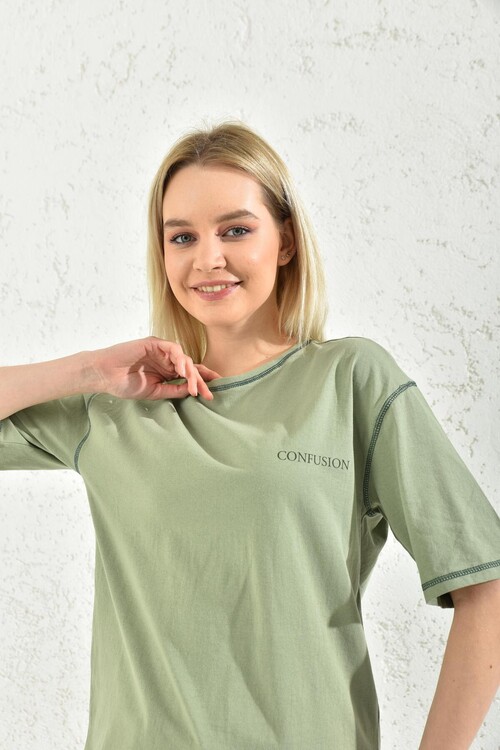 Green Printed Bedstead Stitched Knitted T-Shirt