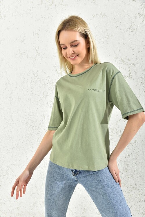 Green Printed Bedstead Stitched Knitted T-Shirt