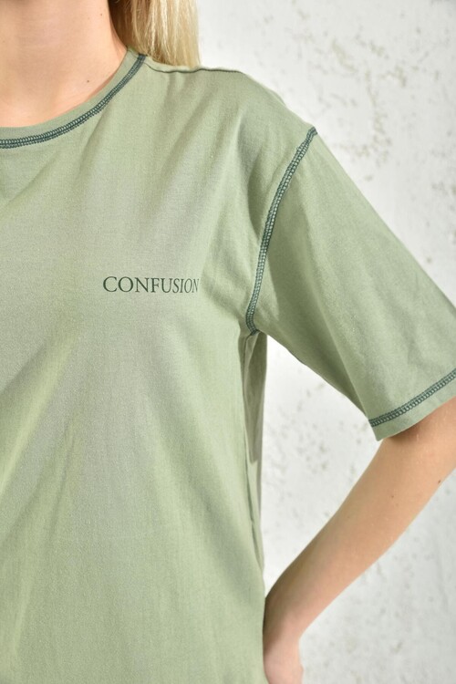 Green Printed Bedstead Stitched Knitted T-Shirt