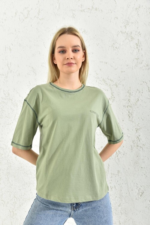 Green Printed Bedstead Stitched Knitted T-Shirt