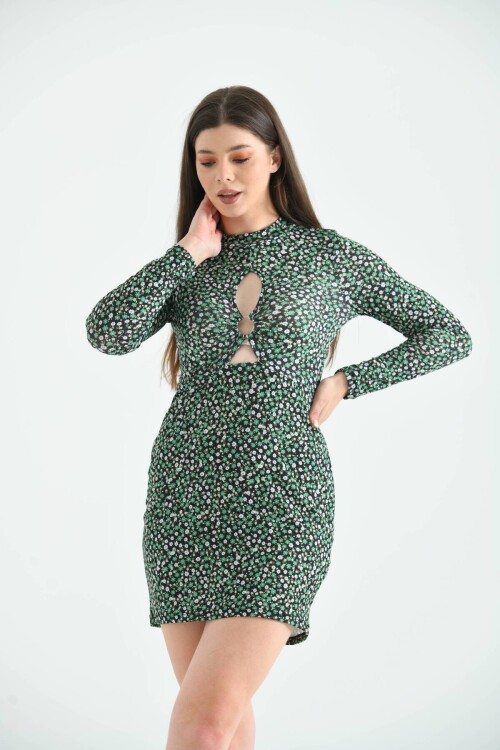 Green Floral Patterned Chest Detailed Knitted Mini Dress