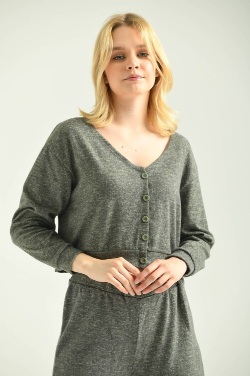 Green Button Detail V-Neck Crop Blouse