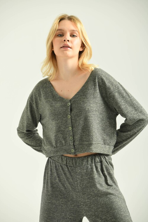 Green Button Detail V-Neck Crop Blouse
