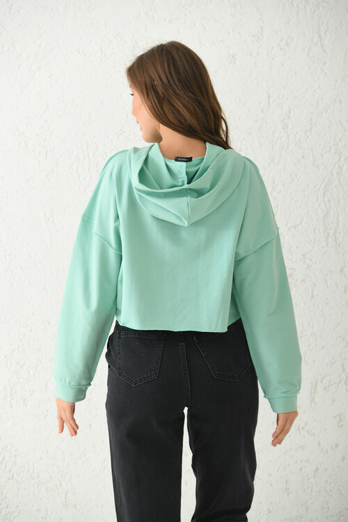 Yeşil Kapüşonlu Dikiş Detaylı Örme İnce Sweatshirt