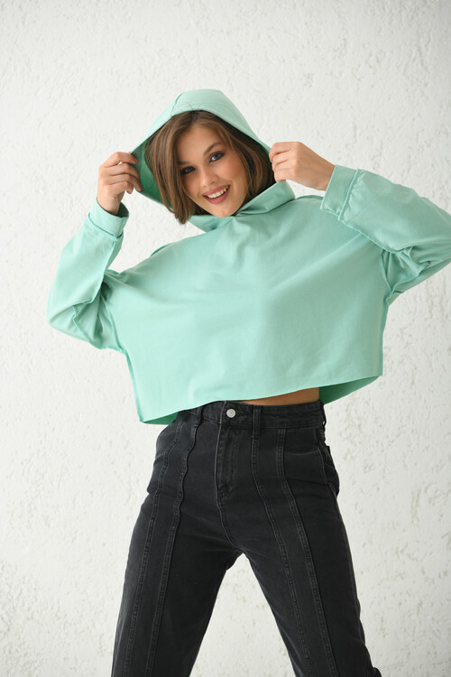 Yeşil Kapüşonlu Dikiş Detaylı Örme İnce Sweatshirt