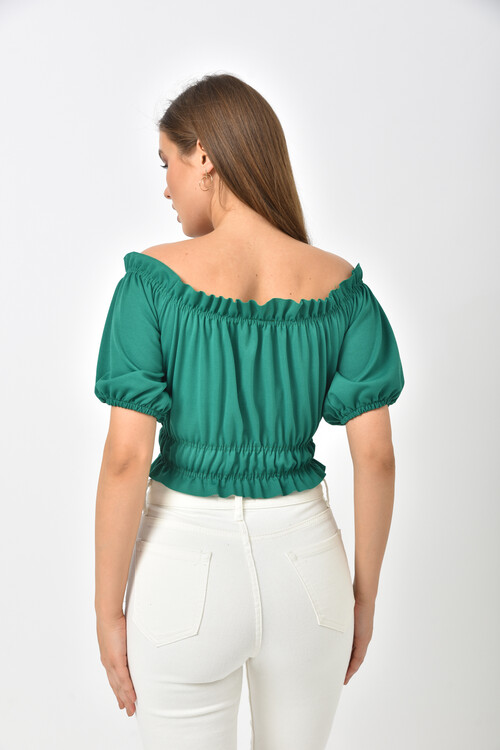 Green Elastic Detailed Crop Blouse with Gathered Front