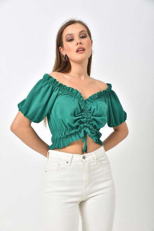 Green Elastic Detailed Crop Blouse with Gathered Front