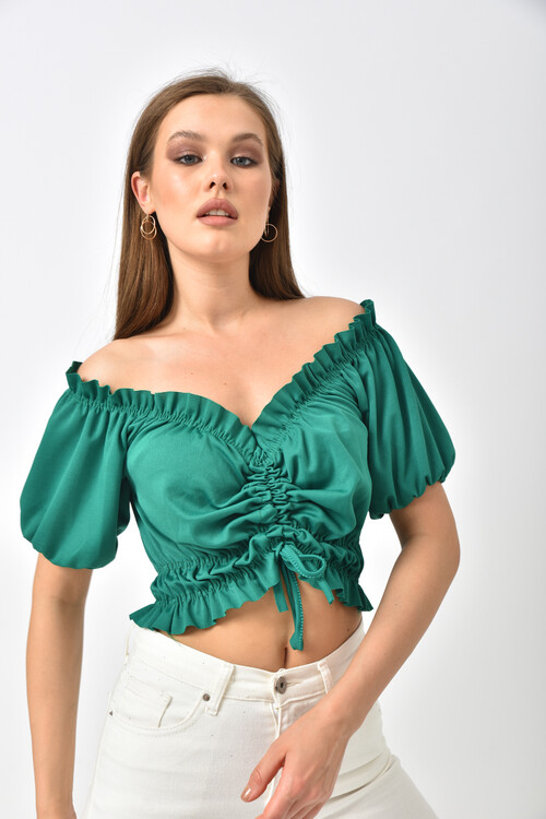 Green Elastic Detailed Crop Blouse with Gathered Front