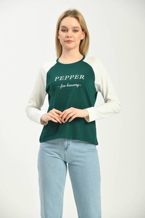 Green Color Block Basic Printed Long Sleeve Knitted T-Shirt