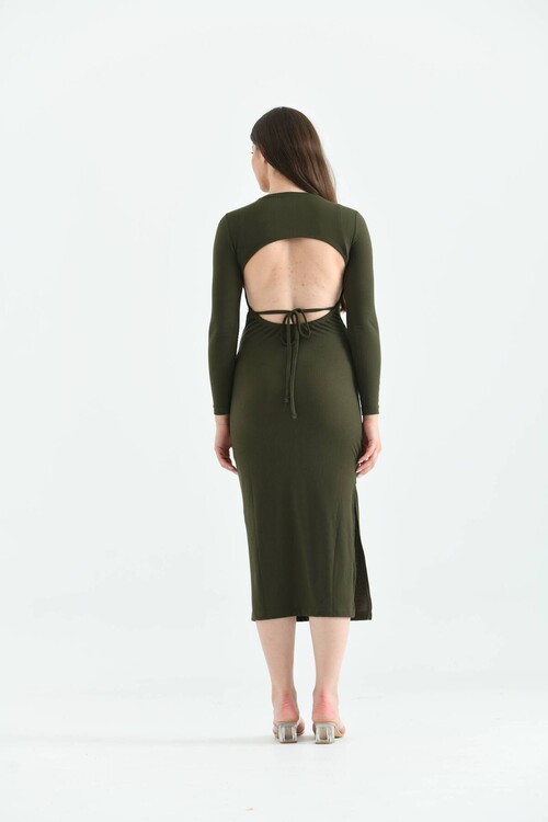 Green Back Detailed Camisole Dress with Side Slit