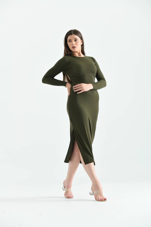 Green Back Detailed Camisole Dress with Side Slit