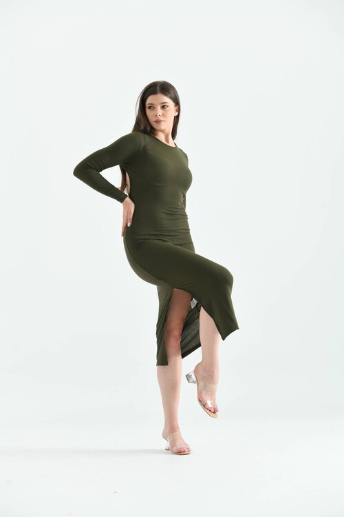 Green Back Detailed Camisole Dress with Side Slit