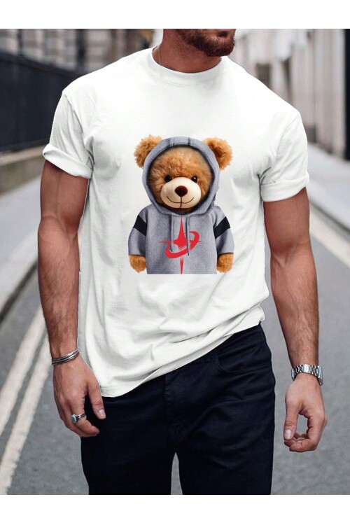 %100 Pamuk Beyaz Ayıcık Baskılı Bisiklet Yaka Tişört