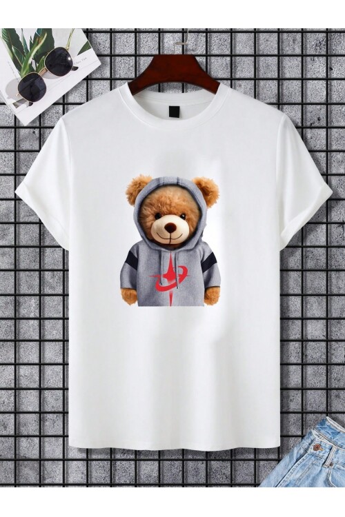 %100 Pamuk Beyaz Ayıcık Baskılı Bisiklet Yaka Tişört