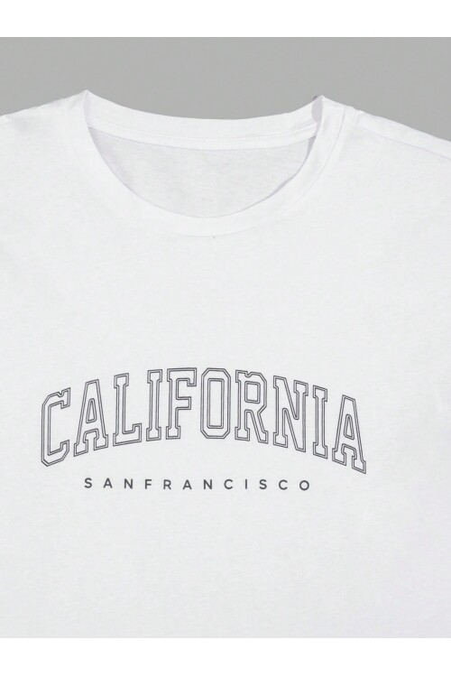 %100 Pamuk Beyaz California Baskılı Erkek T-Shirt