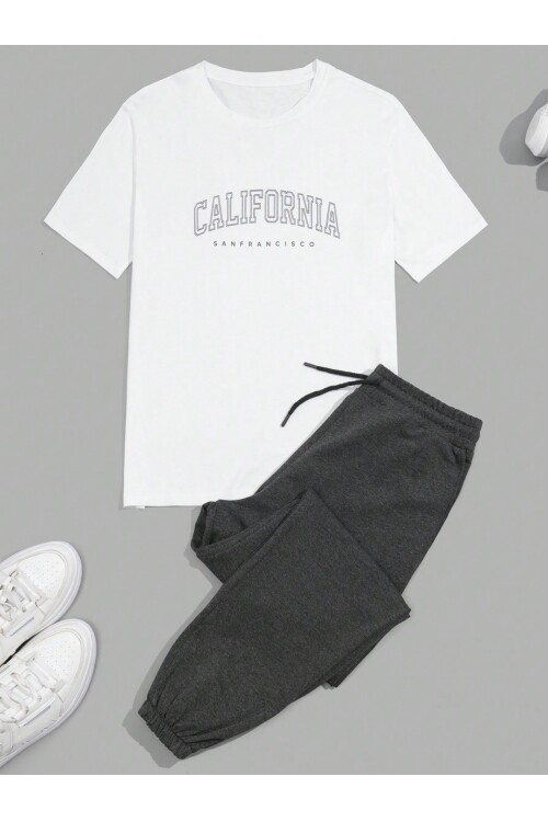 %100 Pamuk Beyaz California Baskılı T-Shirt & Siyah Eşofman Altı Erkek Takım