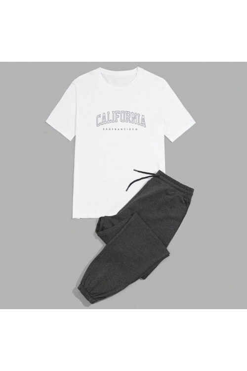 %100 Pamuk Beyaz California Baskılı T-Shirt & Siyah Eşofman Altı Erkek Takım