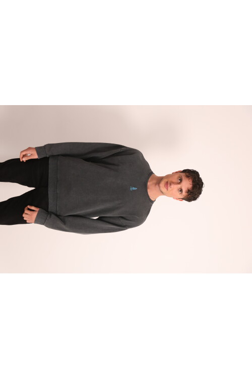Antrasit Asit Yıkamalı Önü Baskılı Arkası Baskı ve Nakış Detaylı Sweatshirt
