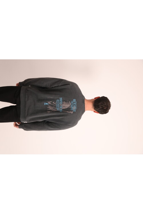 Antrasit Asit Yıkamalı Önü Baskılı Arkası Baskı ve Nakış Detaylı Sweatshirt