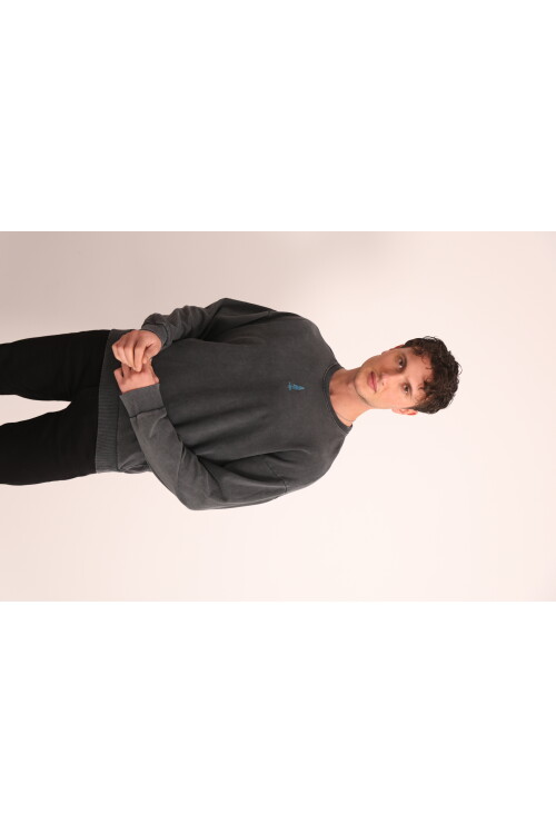 Antrasit Asit Yıkamalı Önü Baskılı Arkası Baskı ve Nakış Detaylı Sweatshirt