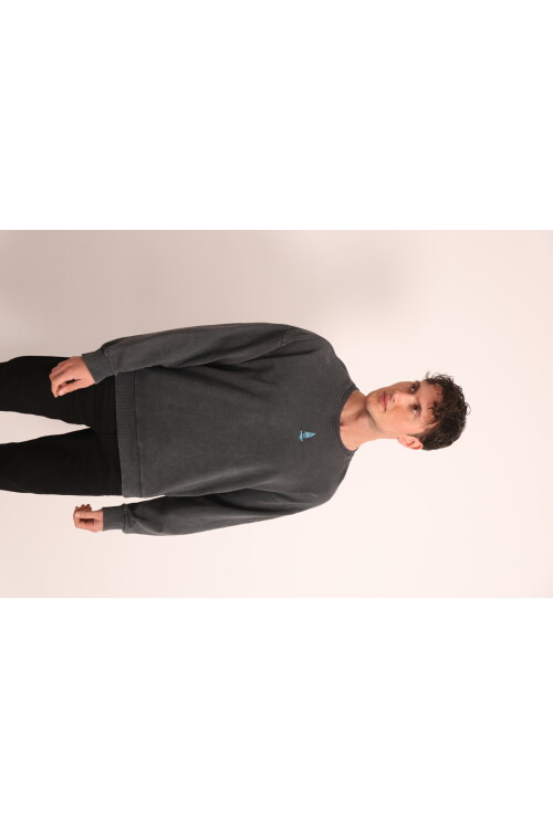 Antrasit Asit Yıkamalı Önü Baskılı Arkası Baskı ve Nakış Detaylı Sweatshirt
