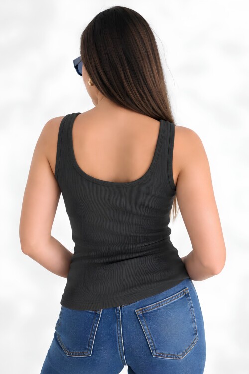 Antrasit Fitted Havuz Yaka Atlet | Kalın Askılı Fitilli Kaşkorse Örme Kumaş | %98 Pamuk %2 Elastan Esnek Vücuda Oturan Basic Atlet
