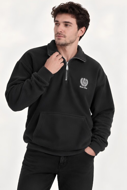 Antrasit Oversize Geniş Kesim Dik Yaka Anti-Pilling Polar Sweatshirt | Fermuarlı Uzun Kol | Su İtici Polyester Örme Kumaş | Erkek Rahat Kalıp