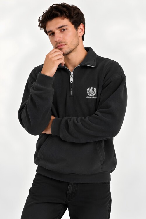 Antrasit Oversize Geniş Kesim Dik Yaka Anti-Pilling Polar Sweatshirt | Fermuarlı Uzun Kol | Su İtici Polyester Örme Kumaş | Erkek Rahat Kalıp