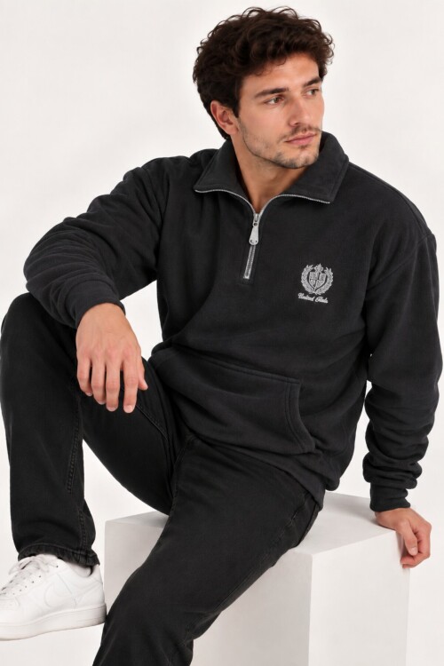 Antrasit Oversize Geniş Kesim Dik Yaka Anti-Pilling Polar Sweatshirt | Fermuarlı Uzun Kol | Su İtici Polyester Örme Kumaş | Erkek Rahat Kalıp