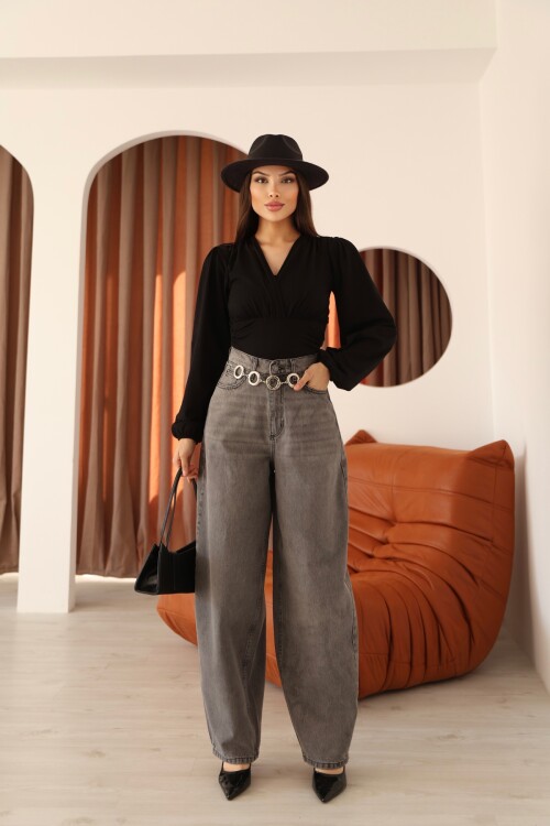 Antrasit Yüksek Bel Baloon/Baggy Kalıp Yıkamalı Kadın Kot Pantolon