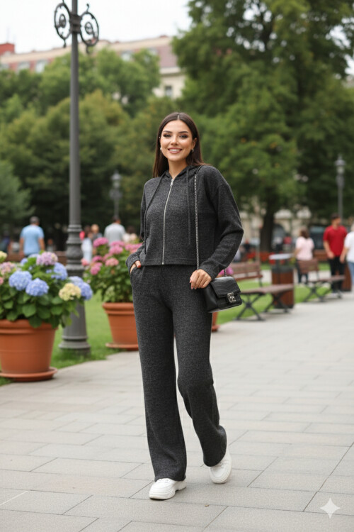Antrasit Yumoş Kumaş Kapüşon ve Fermuar Detaylı Geniş Paça Yüksek Bel Pantolonlu Eşofman Takımı