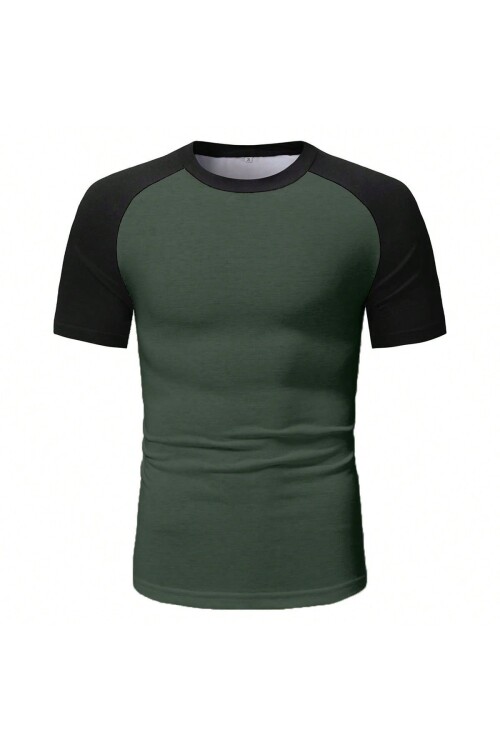 Asker Yeşili Bisiklet Yaka Omuzları Siyah Garni T-Shirt