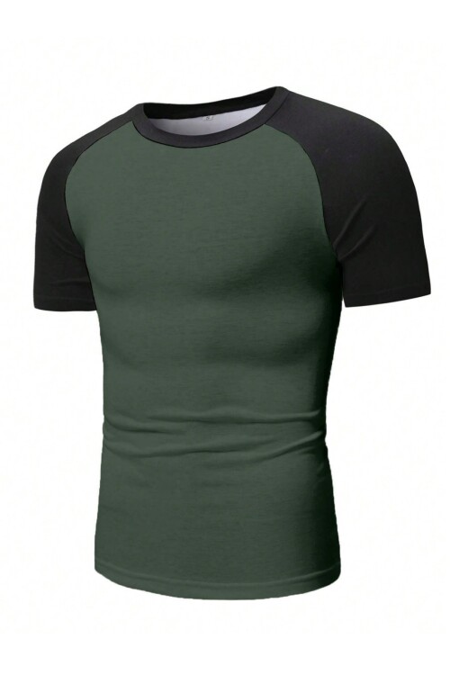 Asker Yeşili Bisiklet Yaka Omuzları Siyah Garni T-Shirt