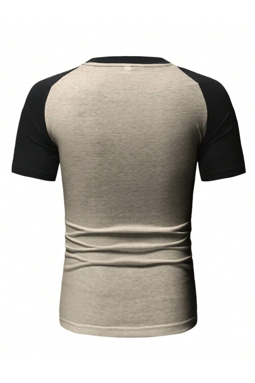 Bej Bisiklet Yaka Omuzları Siyah Garni T-Shirt