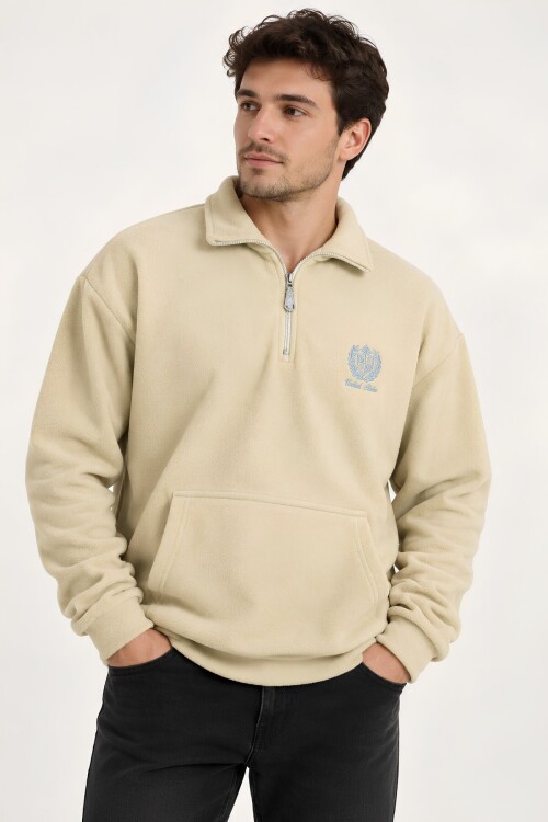 Bej Oversize Geniş Kesim Dik Yaka Anti-Pilling Polar Sweatshirt | Fermuarlı Uzun Kol | Su İtici Polyester Örme Kumaş | Erkek Rahat Kalıp