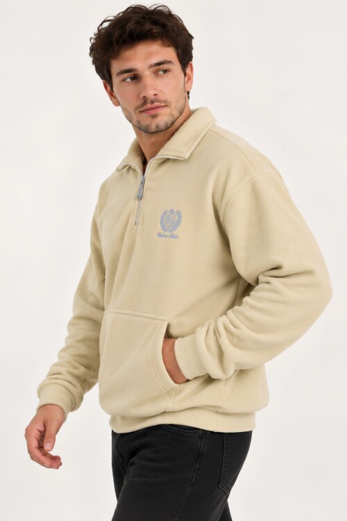 Bej Oversize Geniş Kesim Dik Yaka Anti-Pilling Polar Sweatshirt | Fermuarlı Uzun Kol | Su İtici Polyester Örme Kumaş | Erkek Rahat Kalıp