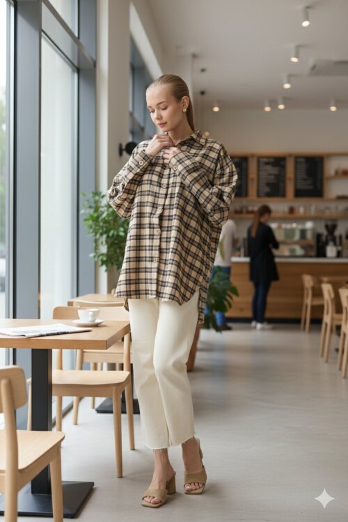 Bej Oversize Kesim Uzun Kol Düğme ve Cep Detaylı Ekose Gömlek