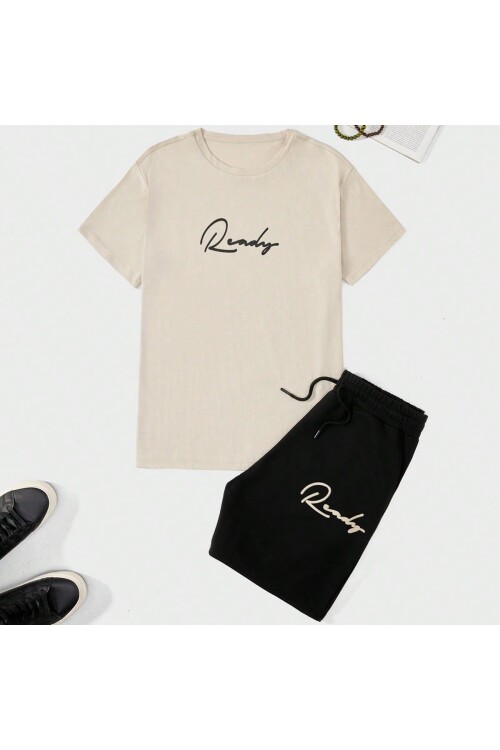 Bej-Siyah Ready Baskılı Alt-Üst Erkek Şort Takım
