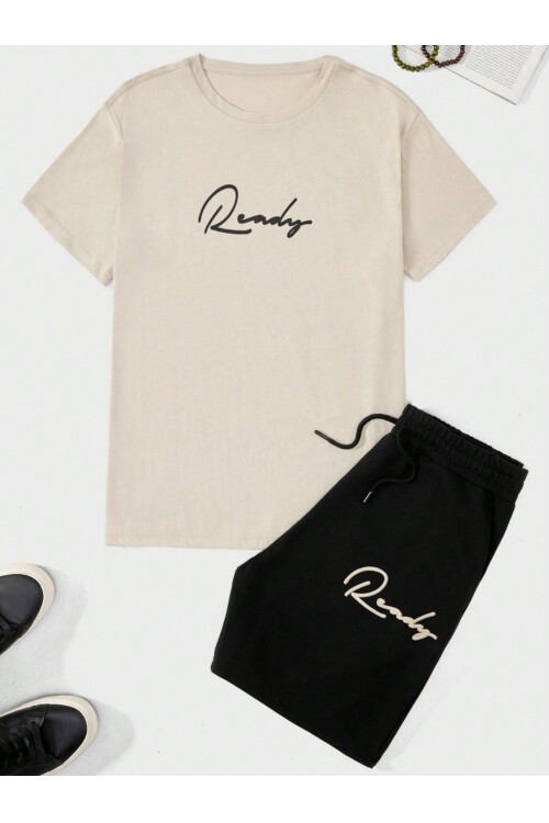 Bej-Siyah Ready Baskılı Alt-Üst Erkek Şort Takım