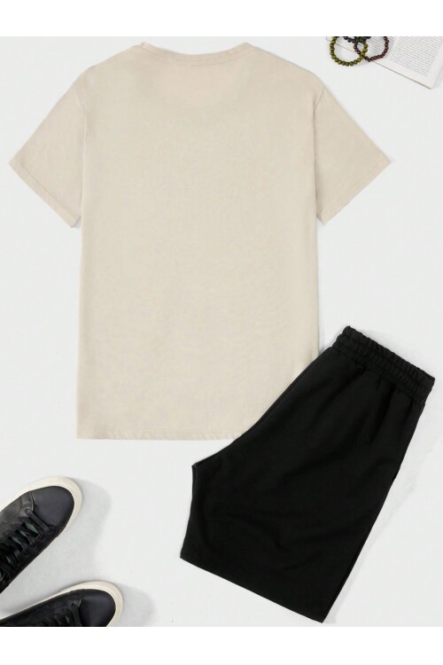 Bej-Siyah Ready Baskılı Alt-Üst Erkek Şort Takım