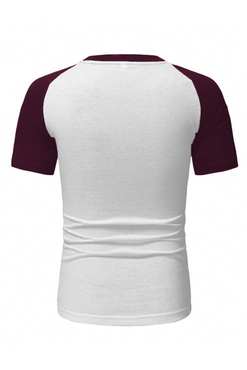 Beyaz Bisiklet Yaka Omuzları Bordo Garni T-Shirt