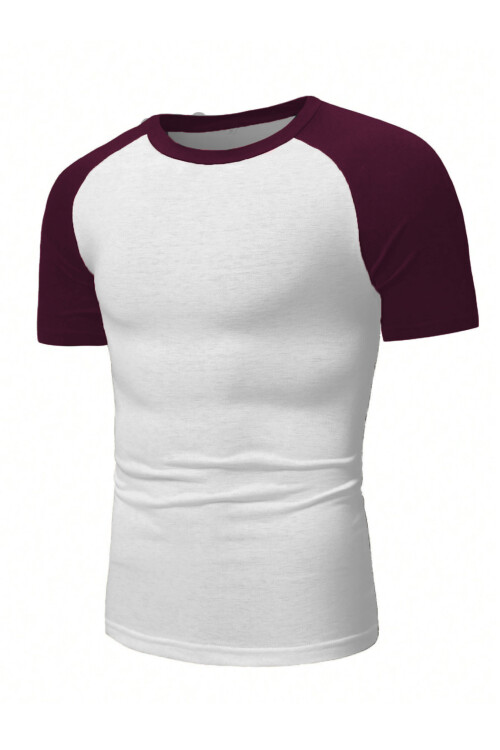 Beyaz Bisiklet Yaka Omuzları Bordo Garni T-Shirt