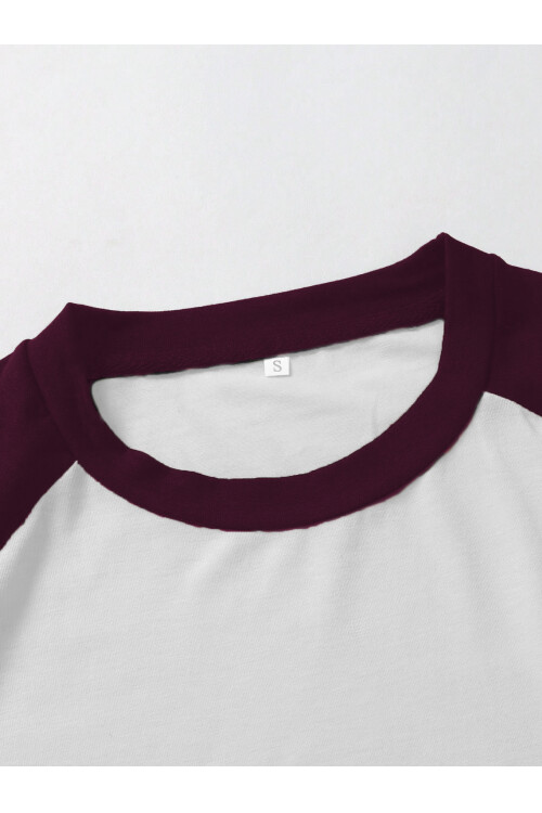 Beyaz Bisiklet Yaka Omuzları Bordo Garni T-Shirt